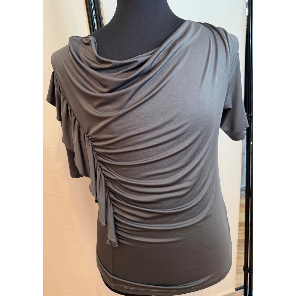 DKNY Jeans Gray Ruffle Side Ruched Draped Women's Top Short Sleeve Medium